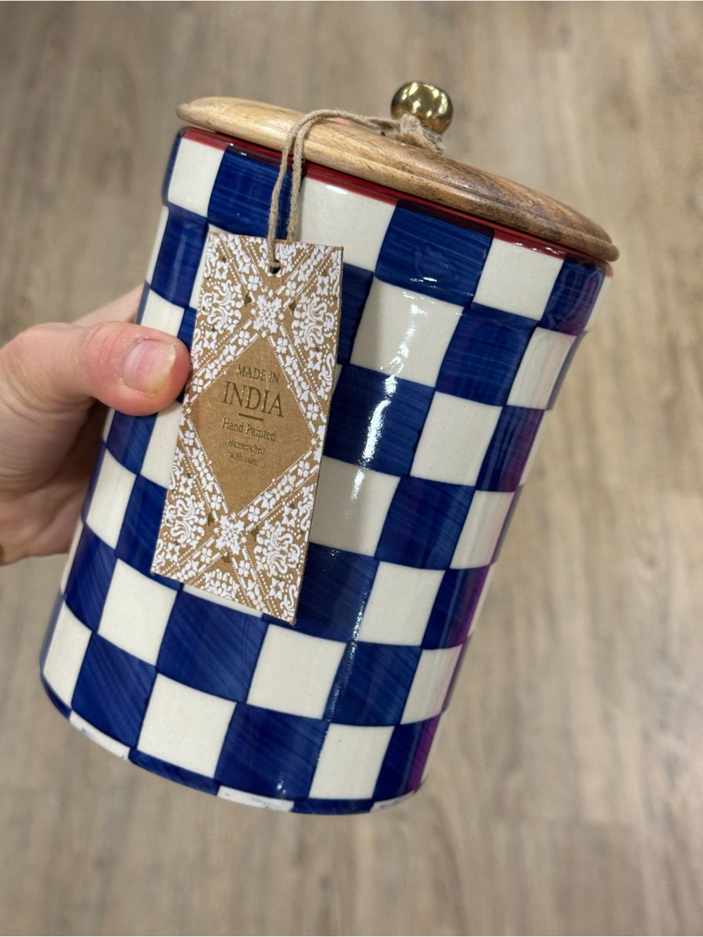 Blue & White Check Ceramic Canister with Wooden Lid